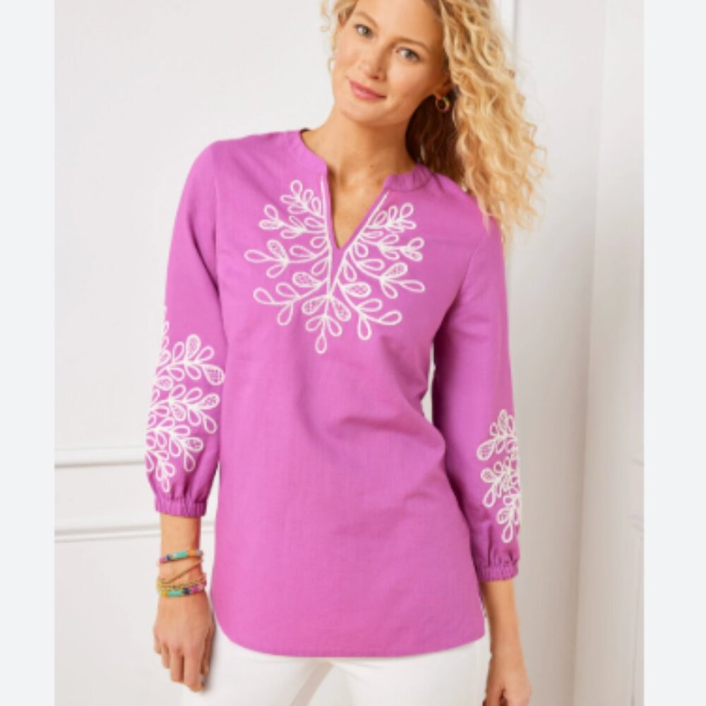Talbots Bright Pink Embroidered Tunic Blouse